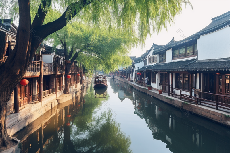 青砖白墙的古镇湖面上的小船古建筑群,高清,摄影图,摄影图片,图片大全,摄影图免费下载